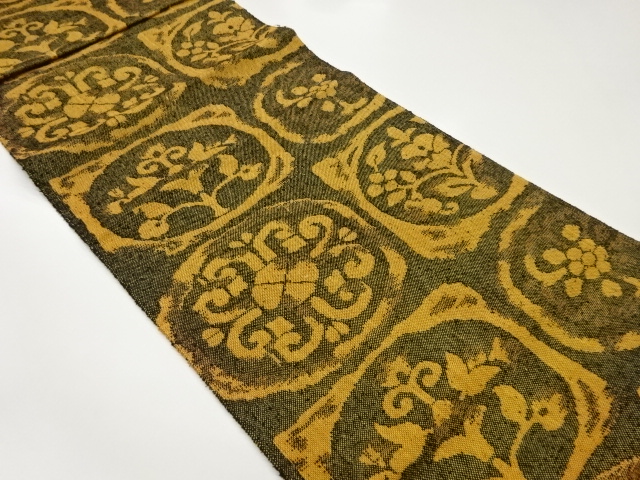 JAPANESE NAGOYA OBI / MAWATA TSUMUGI / WOVEN ABSTRACT FLOWER ARABESQUE